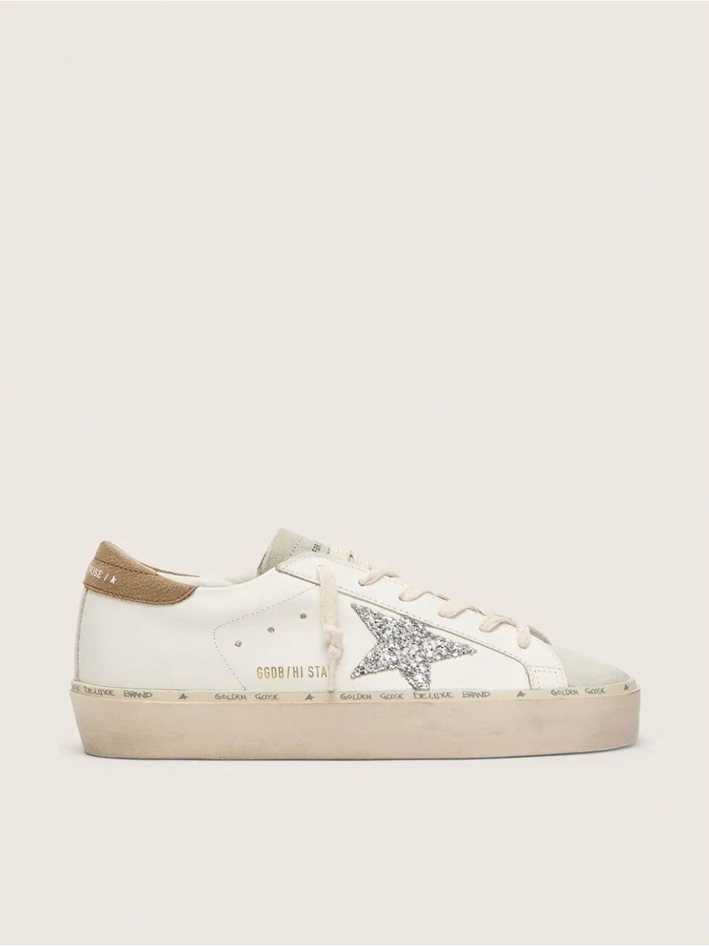 Canada Goose White Leather Sneakers with Silver Glitter Star and Tan Heel